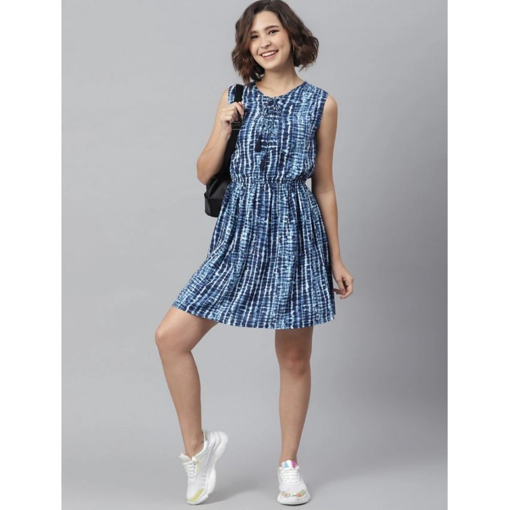 Women's Rayon Tie & Dye Sleeveless Above Knee Dress (Blue)