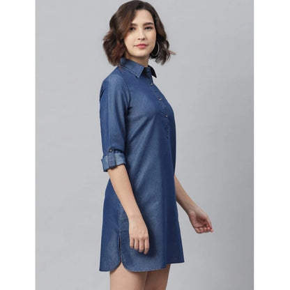 Women's Denim Solid Long Sleeves Above Knee Dress (Navy Blue)