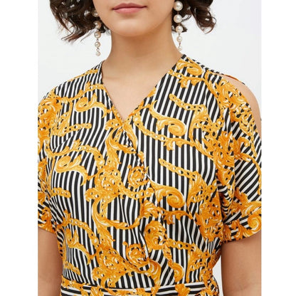 Women's Polyester Printed Half Sleeve Long Jumpsuit (Yellow)