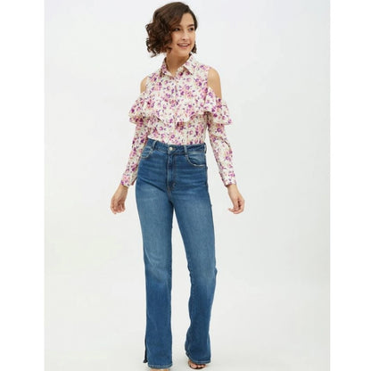 Women's Polyester Floral Cold Shoulder Standard Length Shirt (White)