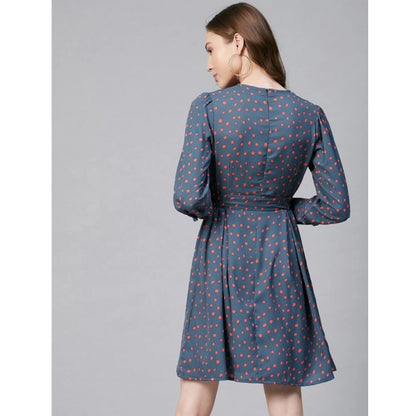 Women's Polyester Polka Long Sleeves Above Knee Dress (Grey - Coral)