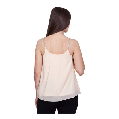 Women's Polyester Solid Shoulder Straps Regular Top (Beige)