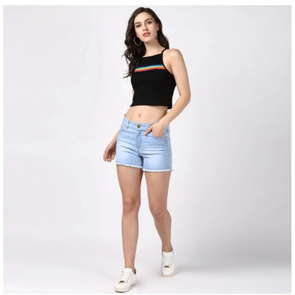 Women's Denim Solid Buttoned Shorts (Blue)