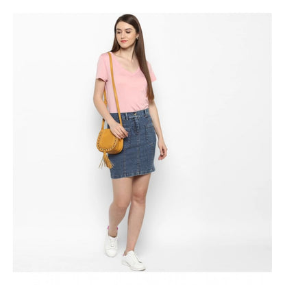 Women's Denim Front Pocket Buttoned Skirt (Blue)