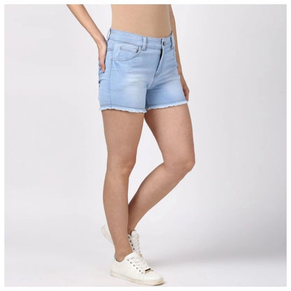 Women's Denim Solid Buttoned Shorts (Blue)