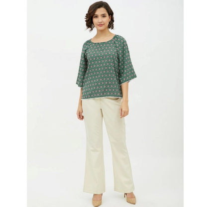 Women's Polyester Printed 3-4th Sleeves Top (Green)