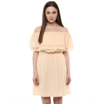 Women's Polyester Solid Sleeveless Knee-Length Dress (Beige)