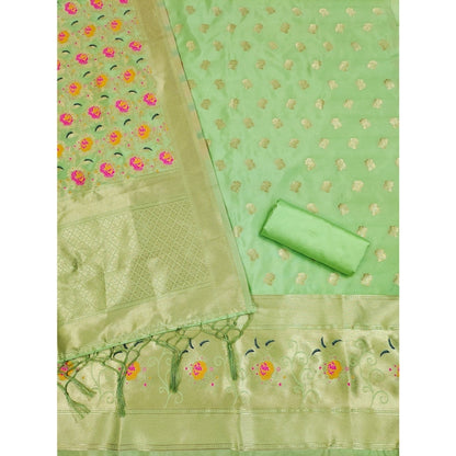 Women's Banarasi Silk Printed Unstitched Salwar Suit Material With Dupatta (Pista, 3Mtrs)