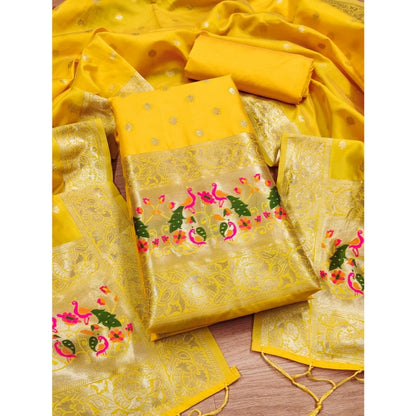 Women's Banarasi Silk Printed Unstitched Salwar Suit Material With Dupatta (Yellow, 3Mtrs)