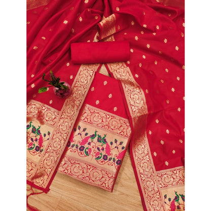 Women's Banarasi Silk Printed Unstitched Salwar Suit Material With Dupatta (Red, 3Mtrs)