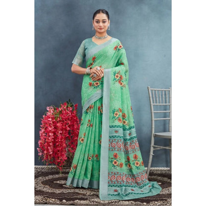 Women's Linen Floral Printed Saree With Unstitched Blouse 5.5Mtr (Green)