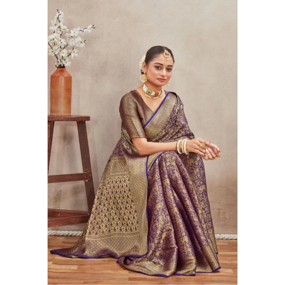 Women's Silk Blend Floral Printed Saree With Unstitched Blouse 5.5Mtr (Navy Blue)