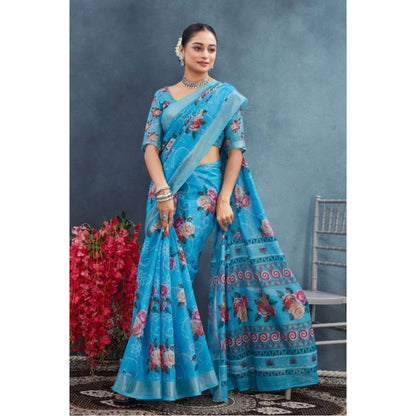 Women's Linen Floral Printed Saree With Unstitched Blouse 5.5Mtr (Blue)