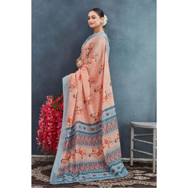 Women's Linen Floral Printed Saree With Unstitched Blouse 5.5Mtr (Orange)
