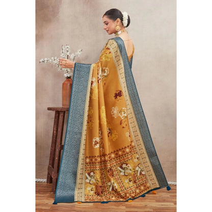 Women's Crepe Silk Printed Saree With Unstitched Blouse 5.5Mtr (Mustard)