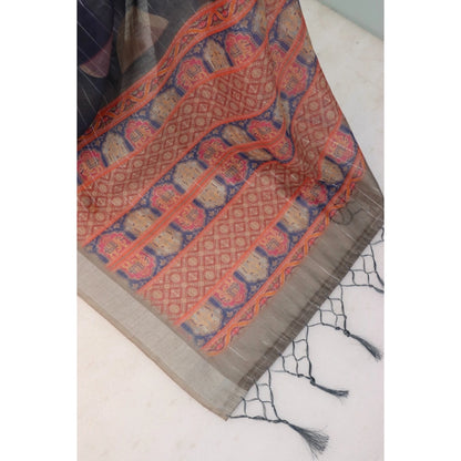 Women's Linen Digital Print Saree With Unstitched Blouse 5.5Mtr (Blue)