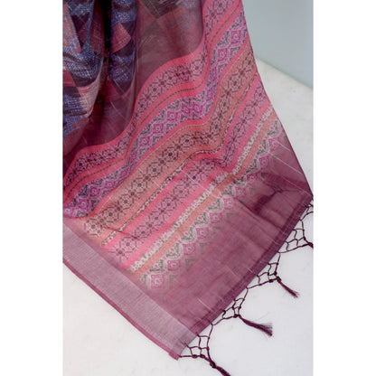 Women's Linen Digital Print Saree With Unstitched Blouse 5.5Mtr (Pink)