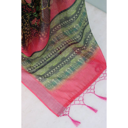 Women's Linen Digital Print Saree With Unstitched Blouse 5.5Mtr (Multicolor)