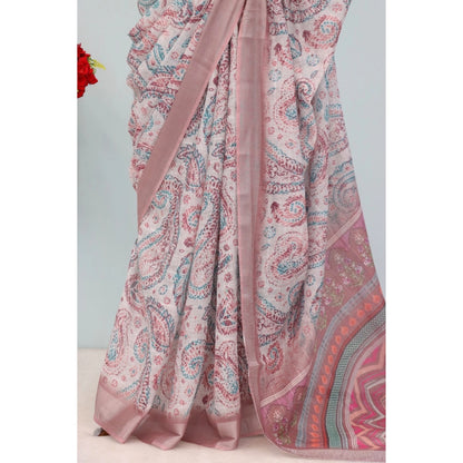Women's Linen Digital Print Saree With Unstitched Blouse 5.5Mtr (Brown)
