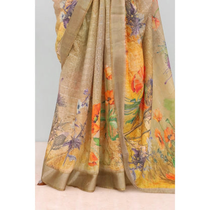 Women's Linen Digital Print Saree With Unstitched Blouse 5.5Mtr (Multicolor)
