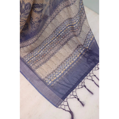 Women's Linen Digital Print Saree With Unstitched Blouse 5.5Mtr (Blue)