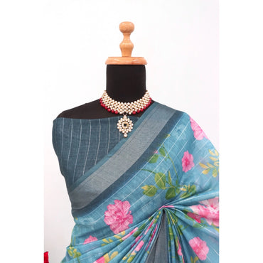 Women's Linen Digital Print Saree With Unstitched Blouse 5.5Mtr (Green)