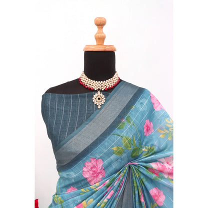 Women's Linen Digital Print Saree With Unstitched Blouse 5.5Mtr (Green)