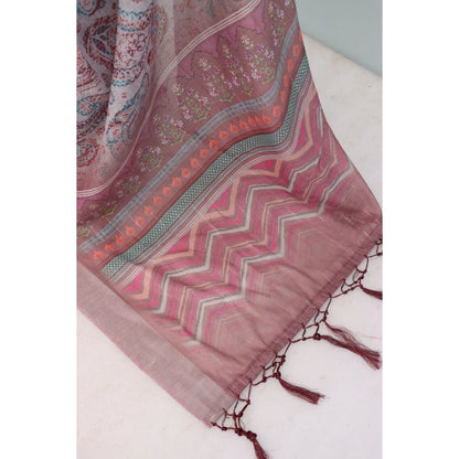 Women's Linen Digital Print Saree With Unstitched Blouse 5.5Mtr (Brown)
