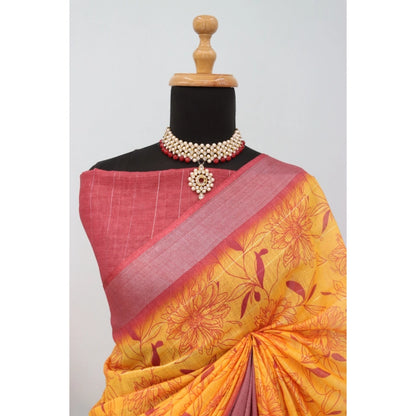 Women's Linen Digital Print Saree With Unstitched Blouse 5.5Mtr (Mustard)