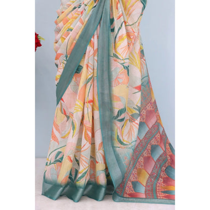 Women's Linen Digital Print Saree With Unstitched Blouse 5.5Mtr (Green)
