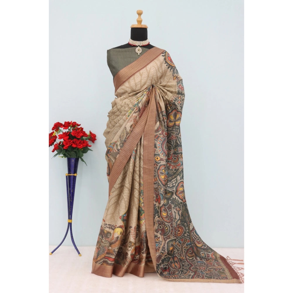 Women's Mysore Silk  Digital Print Saree With Unstitched Blouse 5.5Mtr (Beige)