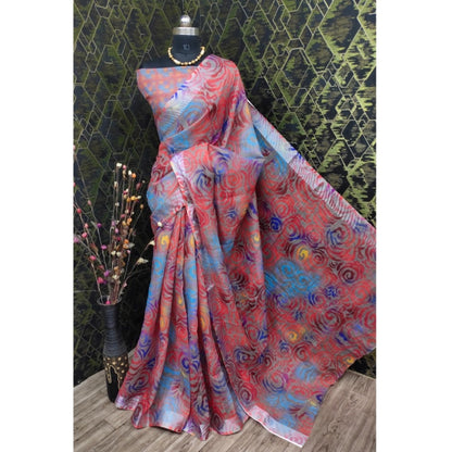 Women's Cotton Linen Woven Design Saree With Unstitched Blouse 5.5Mtr (Red)