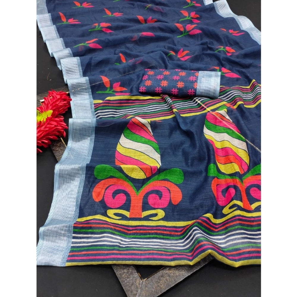 Women's Cotton Linen Digital Print Saree With Unstitched Blouse 5.5Mtr (Blue)