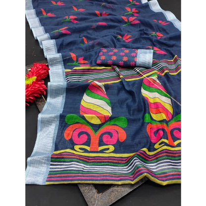 Women's Cotton Linen Digital Print Saree With Unstitched Blouse 5.5Mtr (Blue)