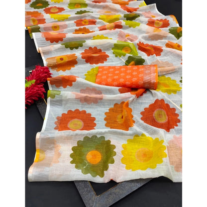 Women's Cotton Linen Woven Design Saree With Unstitched Blouse 5.5Mtr (Orange)