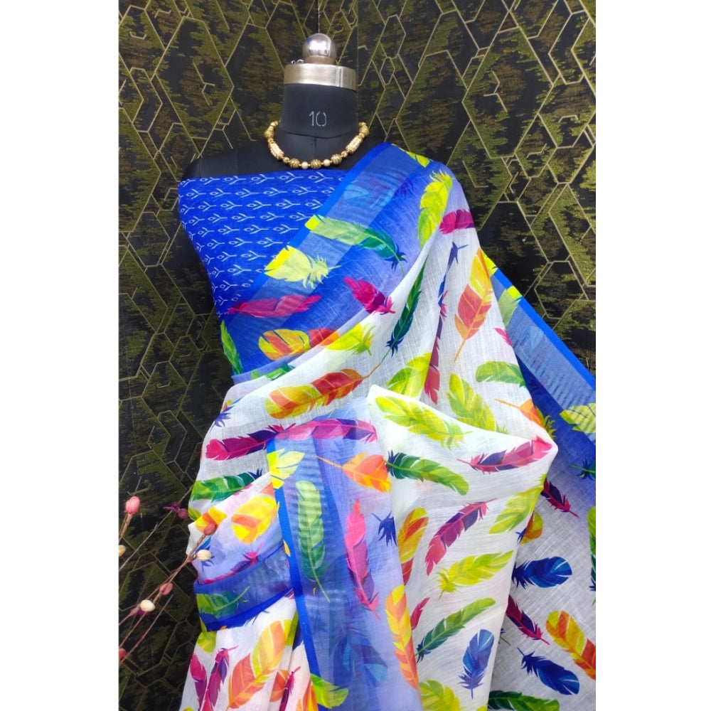 Women's Cotton Linen Woven Design Saree With Unstitched Blouse 5.5Mtr (Blue)