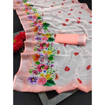 Women's Cotton Linen Woven Design Saree With Unstitched Blouse 5.5Mtr (Peach)
