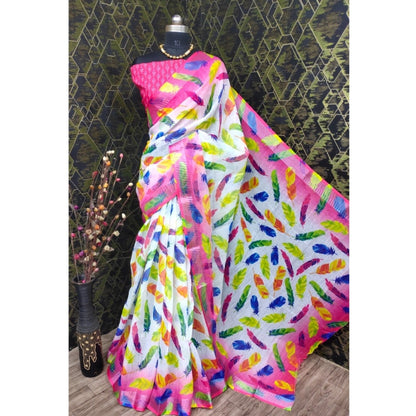 Women's Cotton Linen Woven Design Saree With Unstitched Blouse 5.5Mtr (Pink)