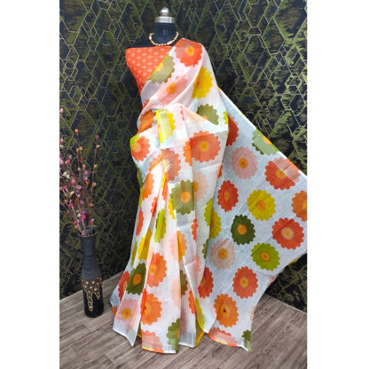 Women's Cotton Linen Woven Design Saree With Unstitched Blouse 5.5Mtr (Orange)