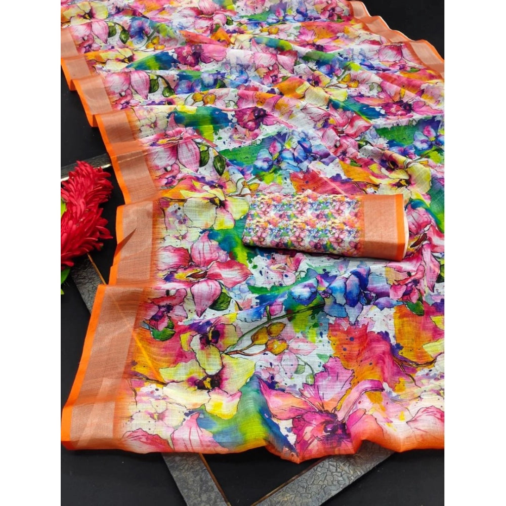 Women's Cotton Linen Printed Saree With Unstitched Blouse 5.5Mtr (Orange)