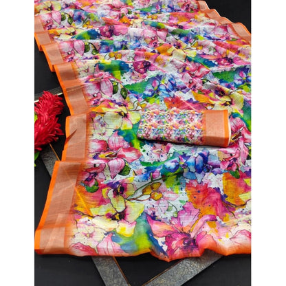 Women's Cotton Linen Printed Saree With Unstitched Blouse 5.5Mtr (Orange)