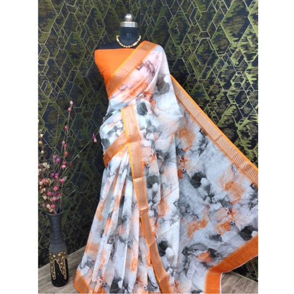 Women's Cotton Linen Woven Design Saree With Unstitched Blouse 5.5Mtr (Orange)