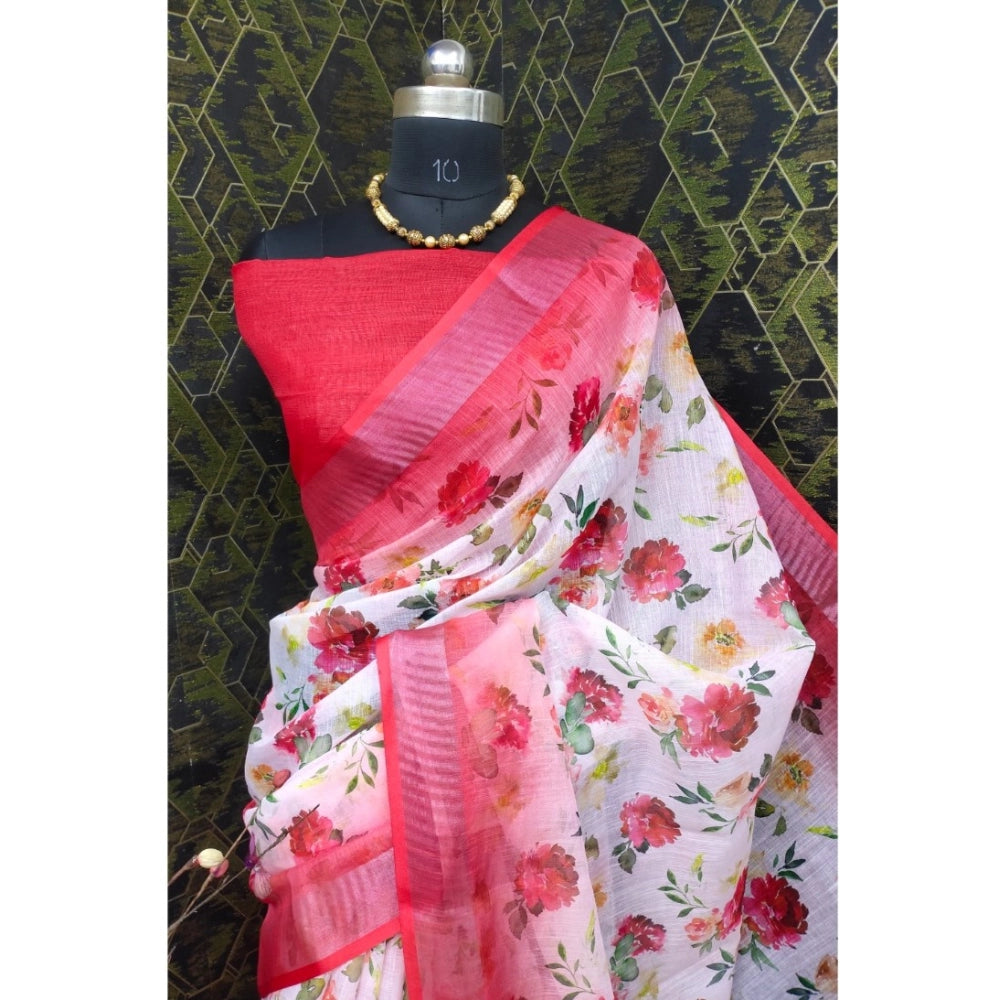 Women's Cotton Linen Woven Design Saree With Unstitched Blouse 5.5Mtr (Red)