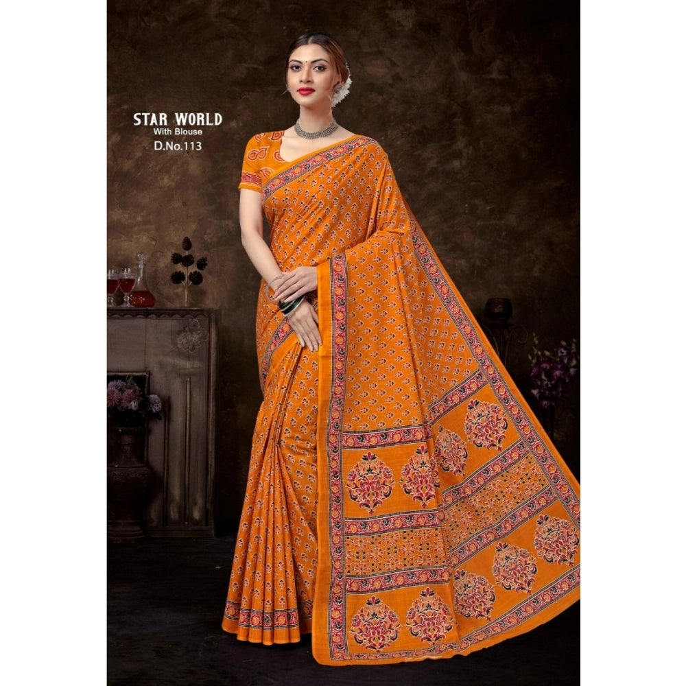 Women's Cotton Printed Saree With Unstitched Blouse 5.5Mtr