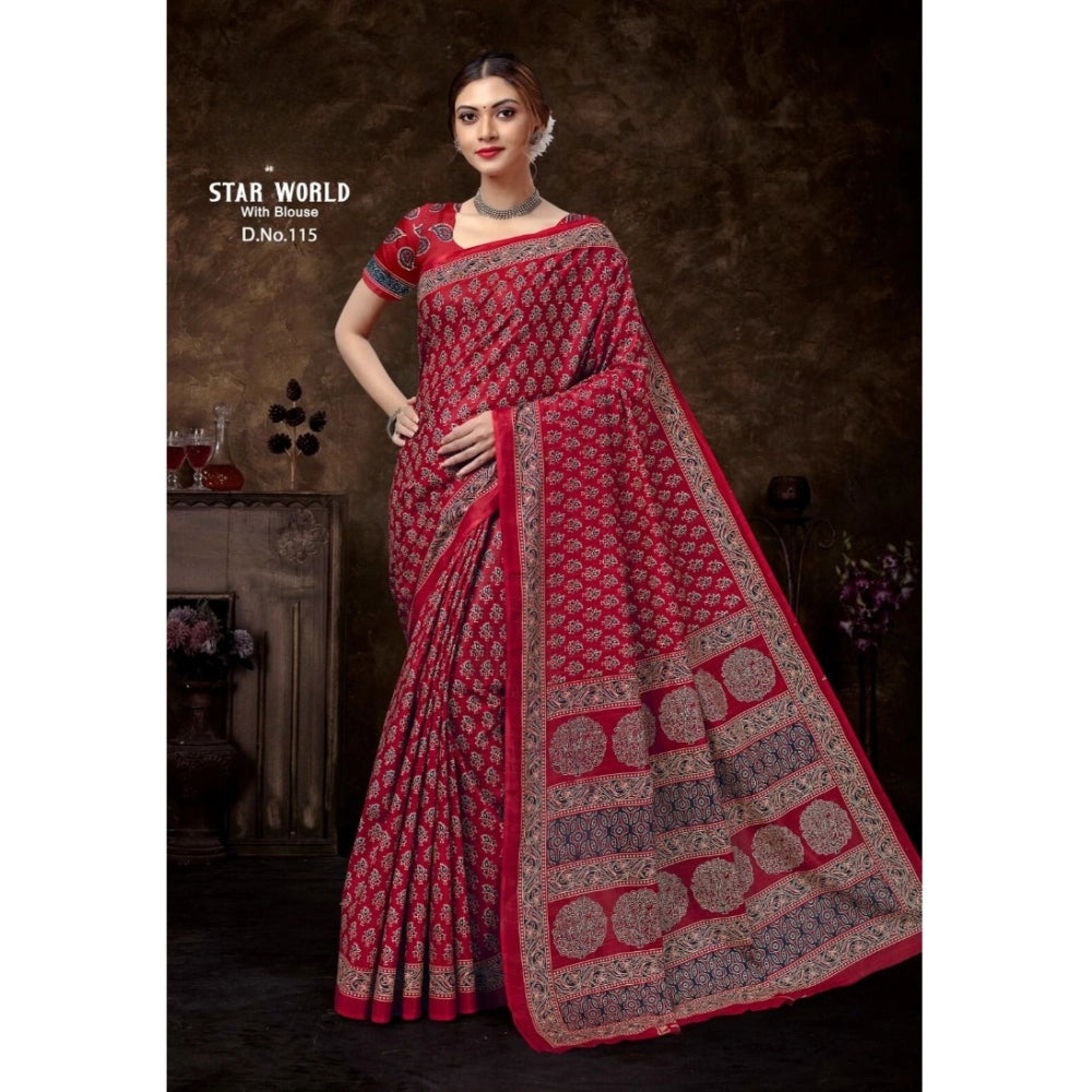 Women's Cotton Printed Saree With Unstitched Blouse 5.5Mtr