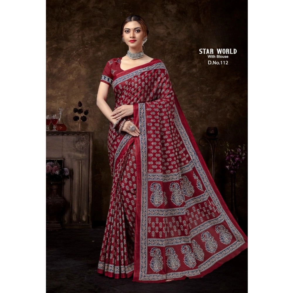 Women's Cotton Printed Saree With Unstitched Blouse 5.5Mtr