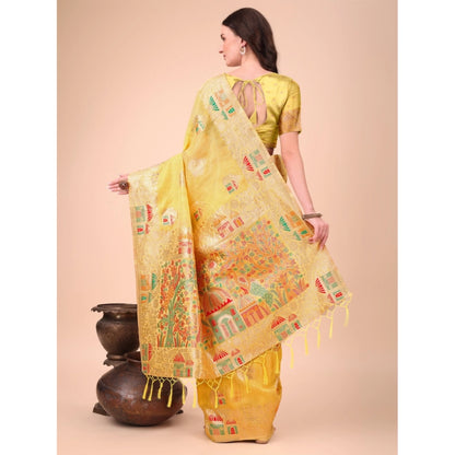 Women's Linen Cotton Printed Saree With Unstitched Blouse 5.5Mtr (Yellow)