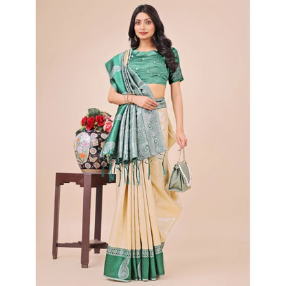 Women's Lichi Silk Printed Saree With Unstitched Blouse 5.5Mtr (Cream)