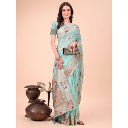 Women's Linen Cotton Printed Saree With Unstitched Blouse 5.5Mtr (Sky Blue)