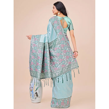 Women's Lichi Silk Printed Saree With Unstitched Blouse 5.5Mtr (Teal)